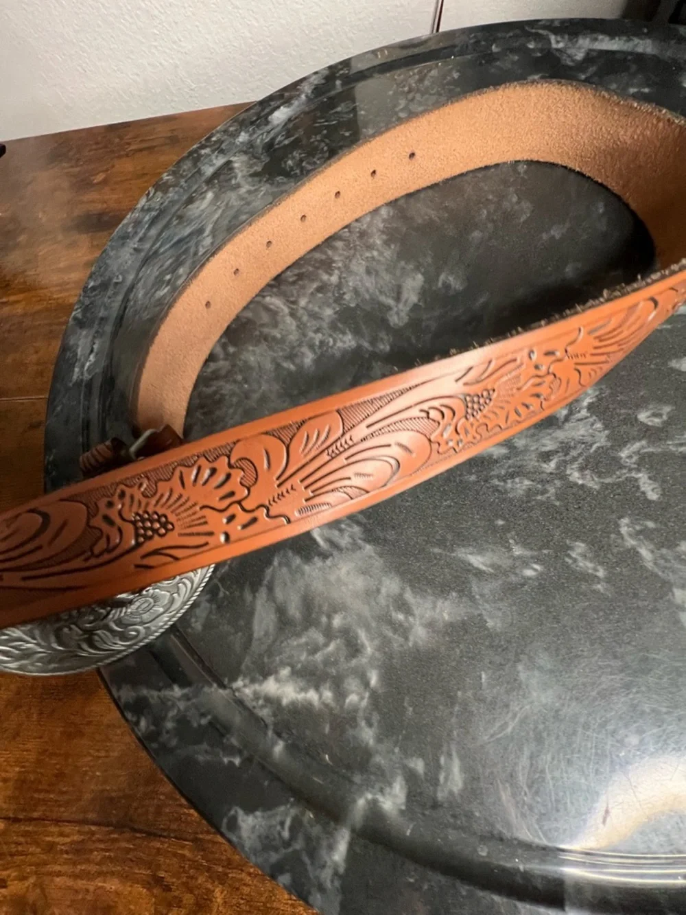 Western Floral Engraved Embossed Tooled Genuine Leather Belt